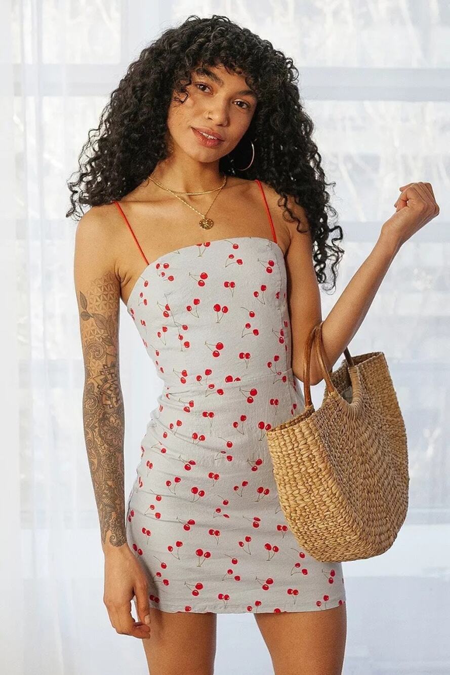 Urban Outfitters Linen Blend Cherry Print Spagetti Mini Dress Size 2 Blue Red